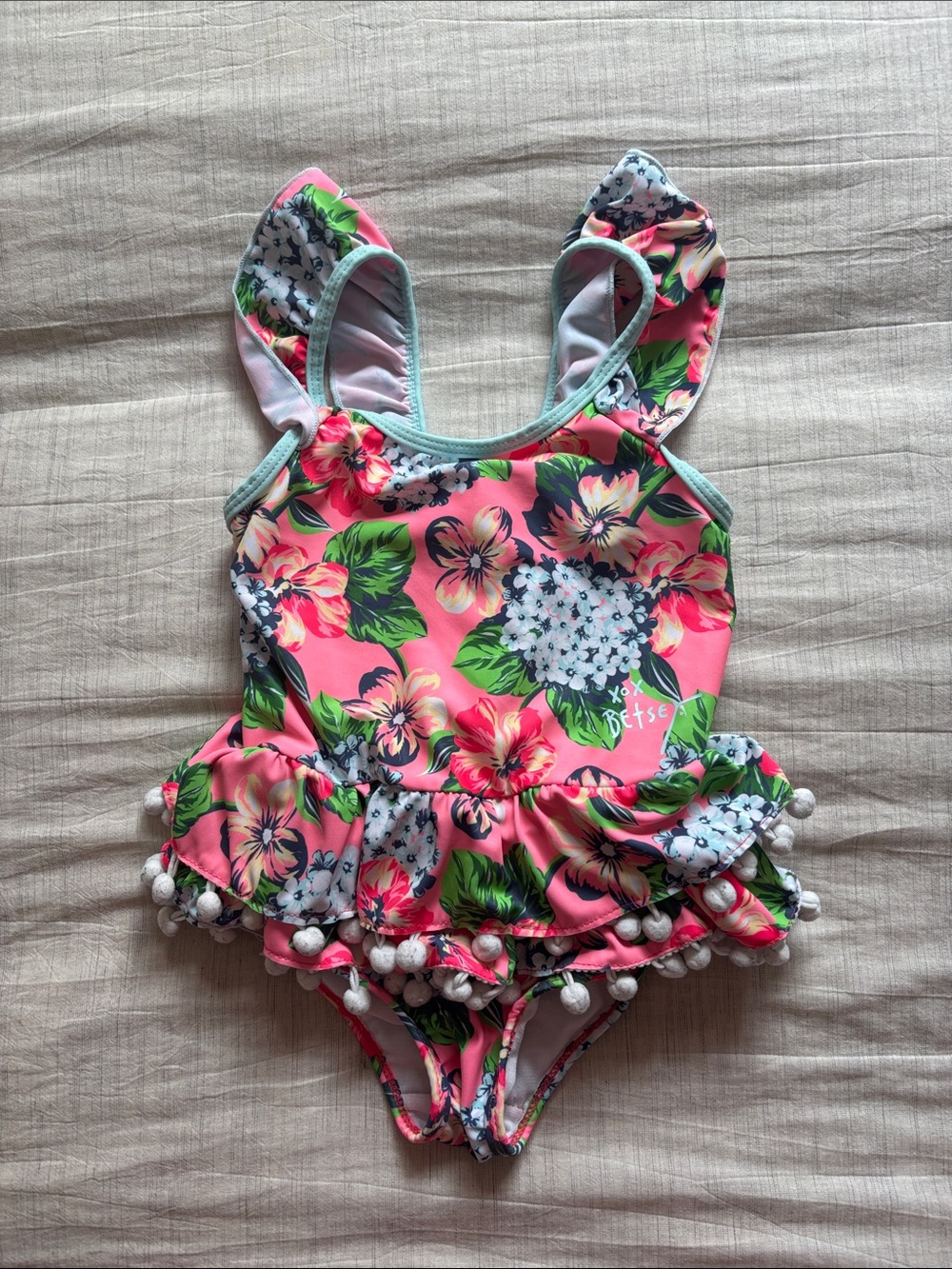 Betsy Johnson Girls Pink Tropical Swim Suit with Ruffles and Pom Poms Size 5T